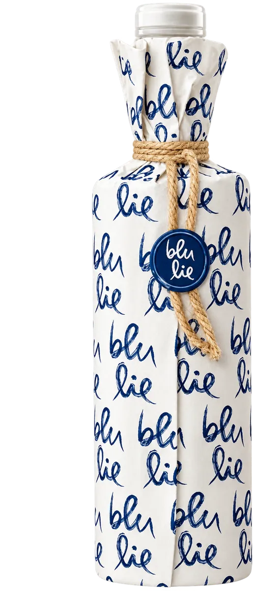 Blu Lie Vodka Italiana, bottiglia nella carta stampata a mano